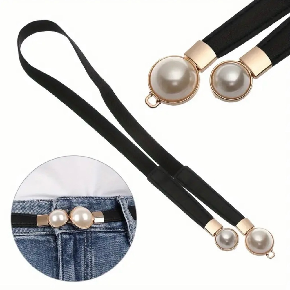 Thin Double Faux Pearl Buckle‎ Solid Color PU Leather Waist Thin Belt One Size